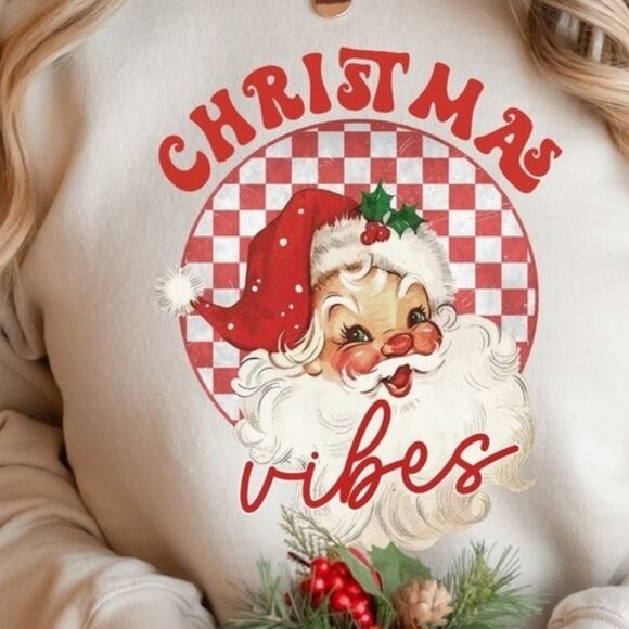 Christmas Vibes Sweatshirt Santa Vintage Claus Holiday Graphic Shirt - Picture 2 of 5